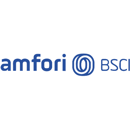 Bl&aring; "amfori BSCI"-logotyp med tv&aring; sammanl&auml;nkade kedjor i mitten.