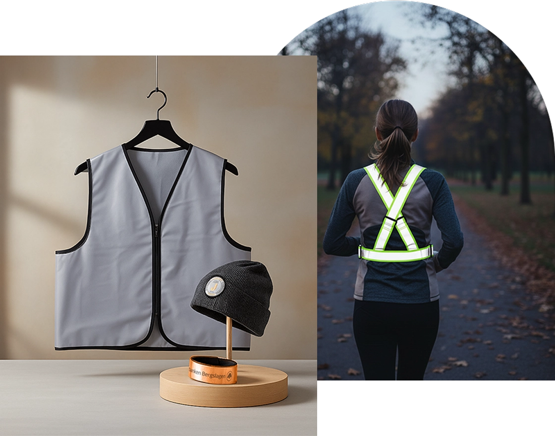 En delad bild som visar säkerhetsutrustning: en grå reflexväst, en mörk mössa och ett orange band till vänster; och till höger, en kvinna som springer med en limegrön reflexsele.
